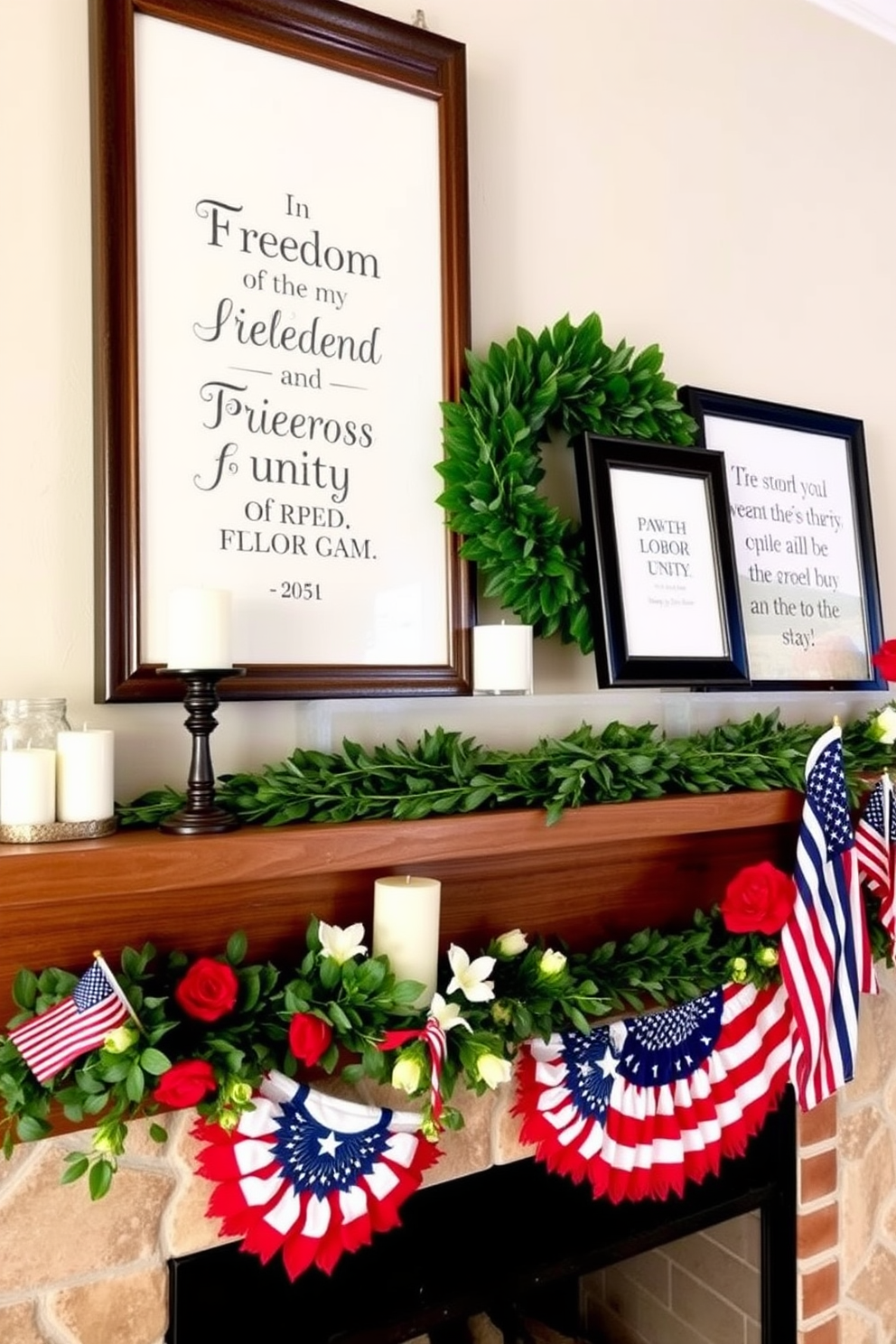 A cozy mantel featuring framed quotes about freedom and unity. The decor includes a mix of natural elements like greenery and candles, creating a warm and inviting atmosphere. For Labor Day, the mantel is adorned with red, white, and blue accents. Festive decorations such as small flags and seasonal flowers enhance the celebratory spirit.