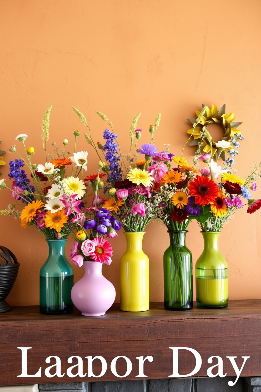 Colorful vases filled with wildflowers are arranged on a rustic mantel, showcasing a vibrant mix of hues that celebrate the beauty of nature. The backdrop features a cozy, warm-toned wall adorned with subtle seasonal decorations, enhancing the festive spirit of Labor Day.