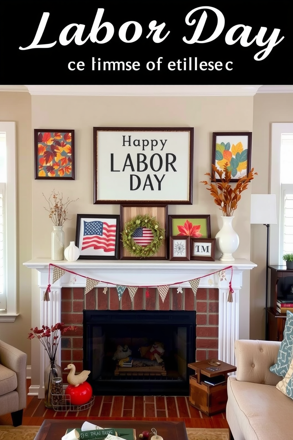 Create a festive Labor Day mantel display featuring decorative trays filled with themed snacks. Incorporate elements such as miniature flags, fresh fruits, and colorful desserts to enhance the celebration.