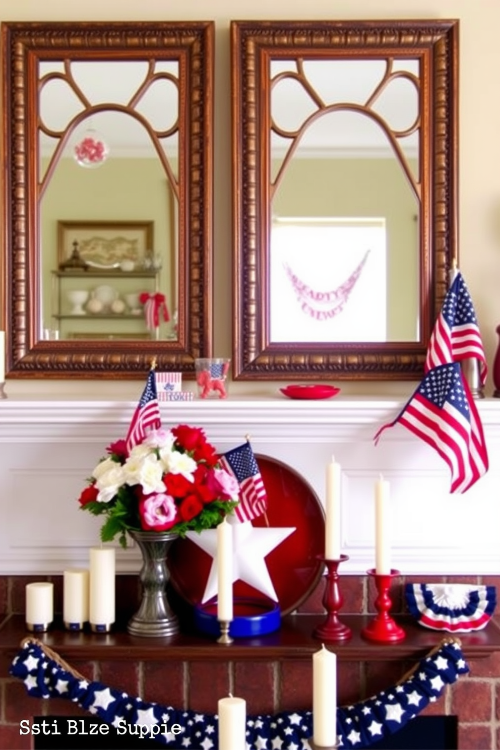 A cozy living room mantel adorned with festive Labor Day decorations. The decorative mirrors above the mantel reflect vibrant colors and warm light, enhancing the inviting atmosphere. Patriotic red white and blue accents are tastefully arranged on the mantel alongside seasonal flowers. A collection of candles in varying heights adds a touch of elegance to the festive display.