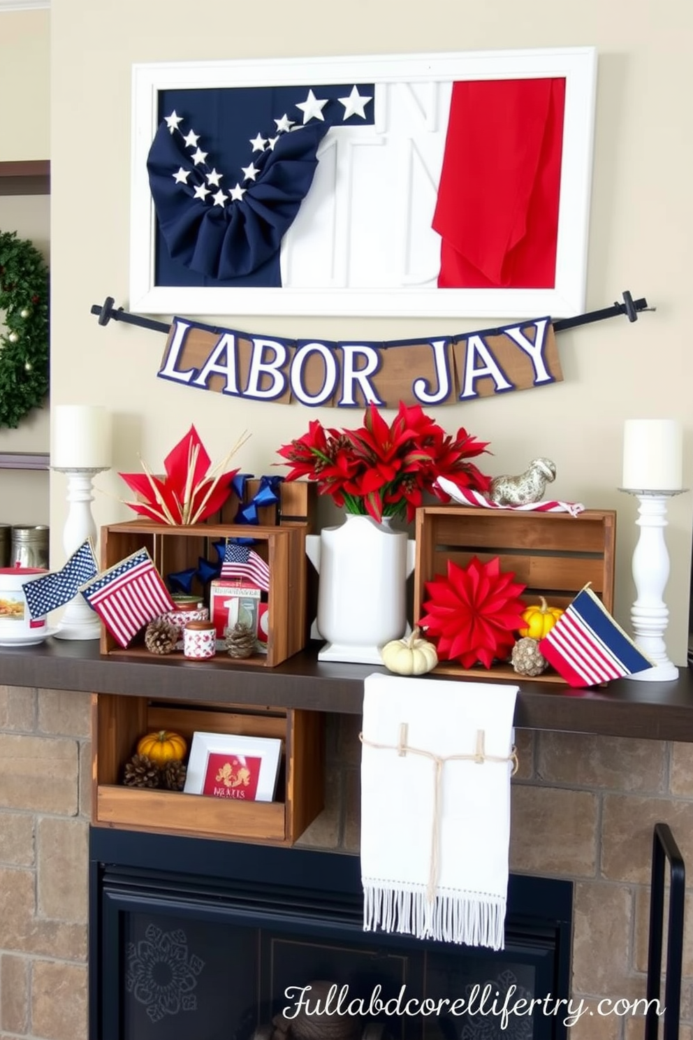 A cozy mantel decorated for Labor Day using wooden crates filled with seasonal items. The crates are arranged artistically, showcasing vibrant red, white, and blue decorations alongside rustic elements like pinecones and small pumpkins.