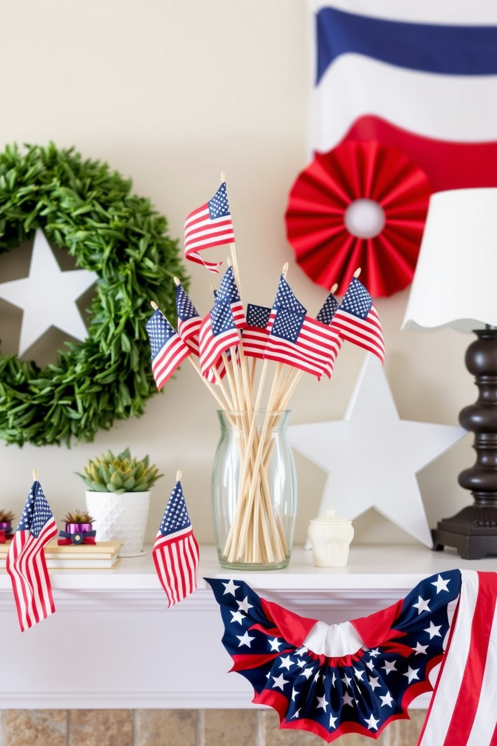 A festive mantel scene celebrating Labor Day. A vase filled with miniature American flags stands prominently on the mantel, surrounded by seasonal decorations and touches of red, white, and blue.