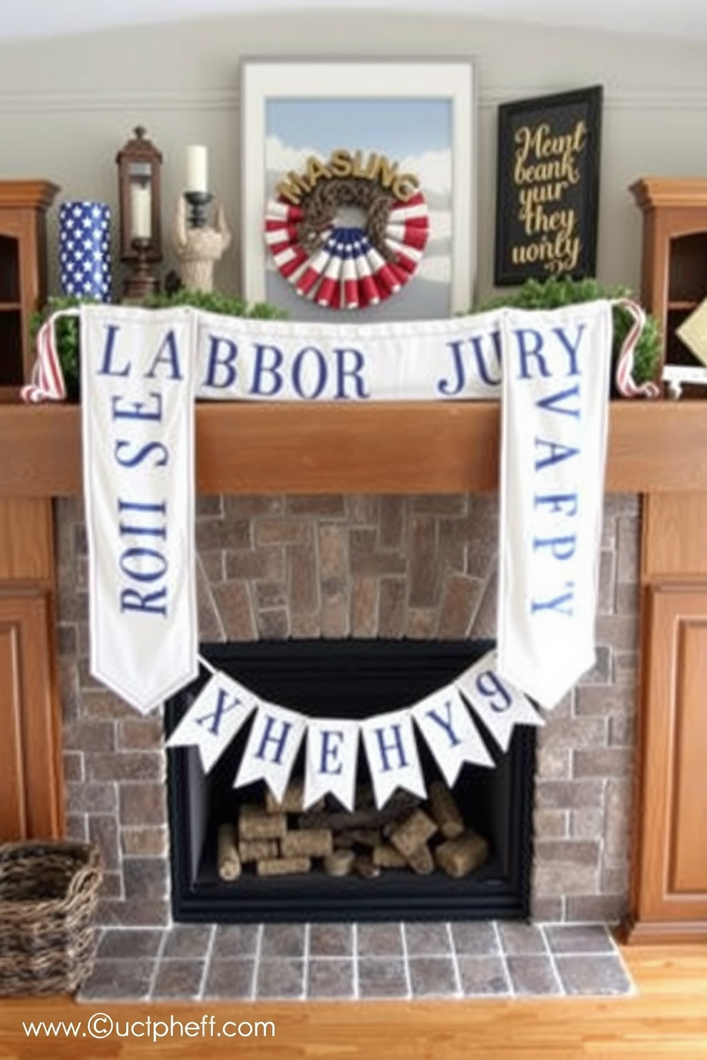 Create a cozy and inviting mantel display for Labor Day. Incorporate fabric banners with festive messages that celebrate the holiday, draped elegantly across the mantel.