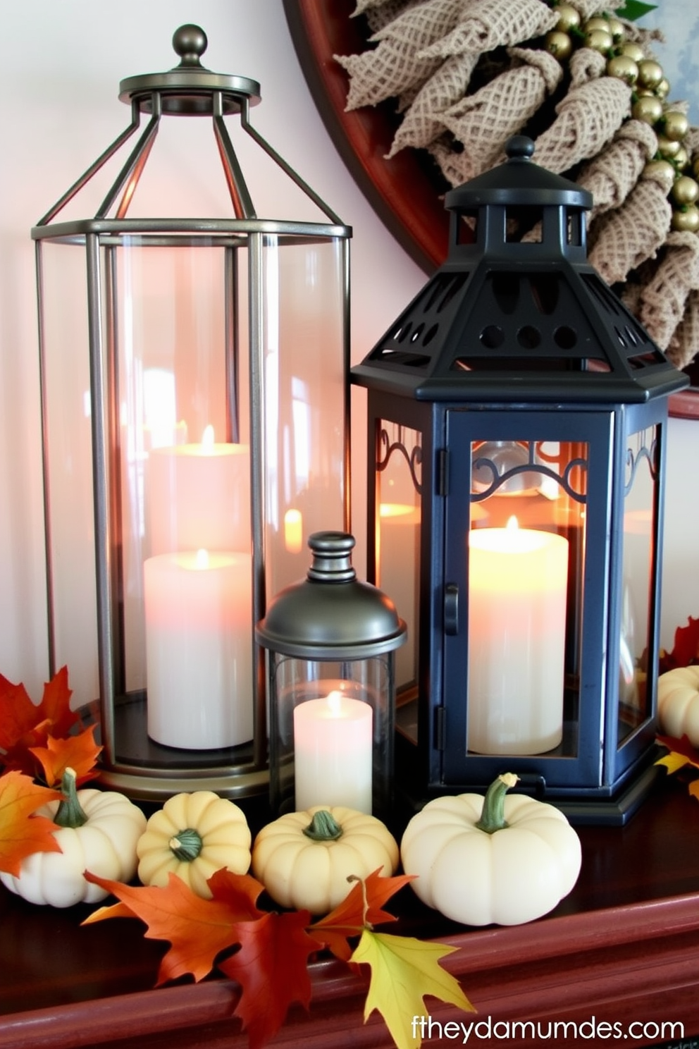 Create a cozy Labor Day mantel display featuring vintage lanterns filled with soft glowing candles. Arrange the lanterns alongside seasonal decor, such as small pumpkins and autumn leaves, to evoke a warm and inviting atmosphere.