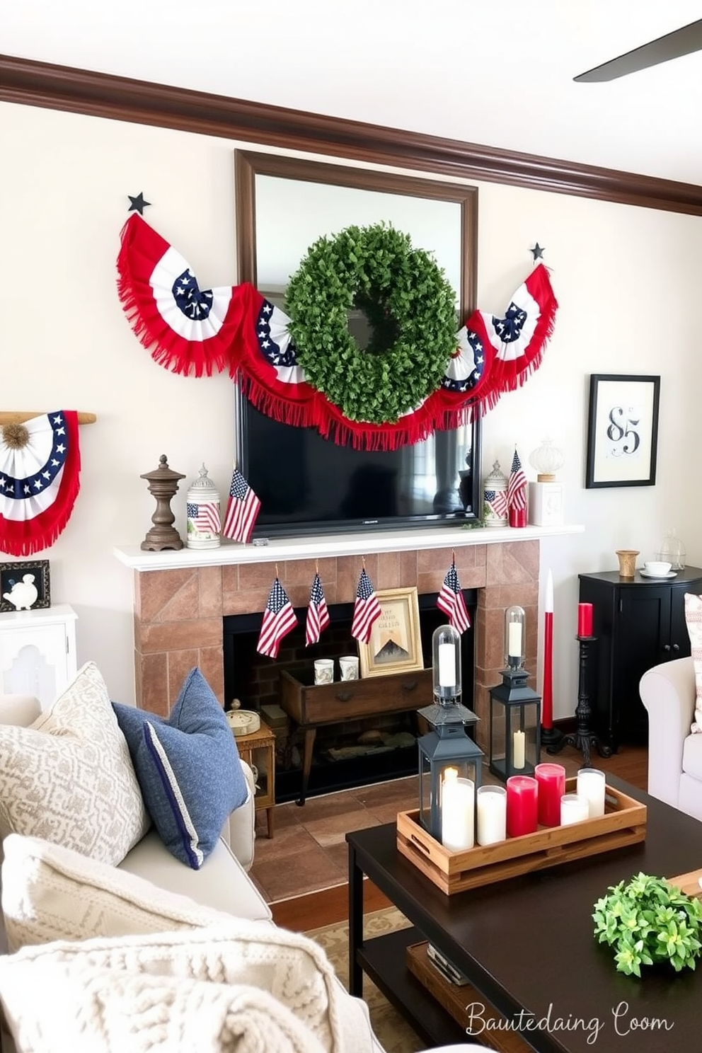 A cozy living room setting adorned with patriotic bunting draped elegantly along the mantel. The mantel is decorated with seasonal elements like small American flags, rustic lanterns, and a collection of red white and blue candles.