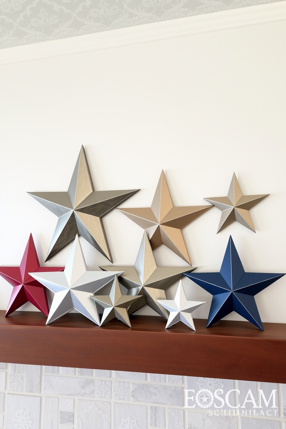 Star shaped decor items in various sizes are arranged artfully across the mantel. The display includes a mix of metallic and wooden stars, creating a festive atmosphere for Labor Day celebrations.