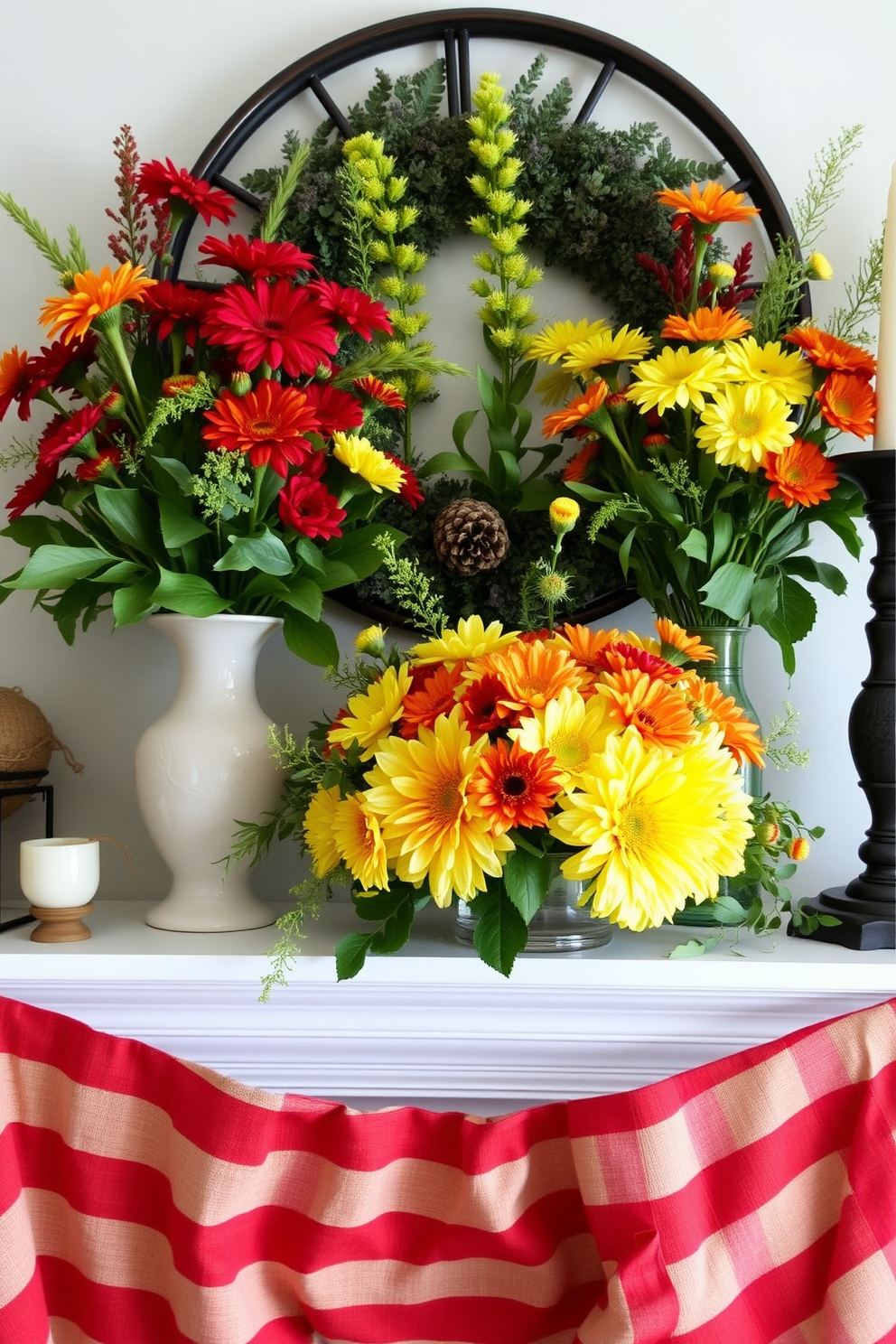 Fresh flowers in seasonal colors are arranged elegantly across the mantel. The display incorporates vibrant hues of red, yellow, and orange, complemented by rustic accents that evoke the spirit of Labor Day.