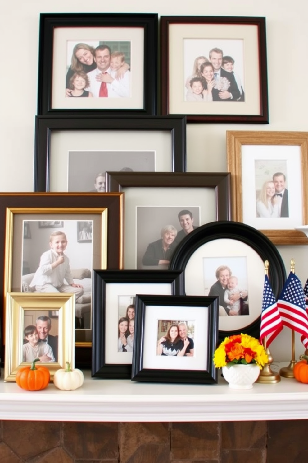 A cozy mantel adorned with framed family photos featuring red accents. The arrangement includes a mix of sizes and styles, creating a personal touch that celebrates cherished memories. Bright red decorative elements are strategically placed among the photos, enhancing the festive atmosphere. Seasonal touches like small pumpkins or autumn leaves complement the Labor Day theme beautifully.