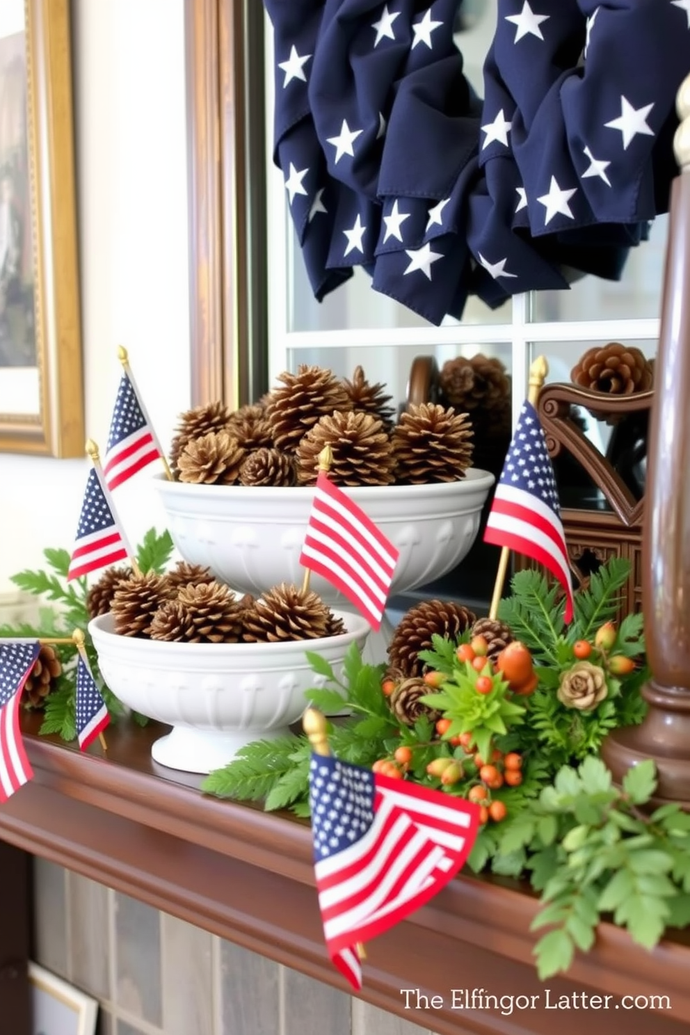 A cozy mantel decorated for Labor Day features decorative bowls filled with pinecones in varying sizes. The bowls are arranged artfully alongside small American flags and seasonal foliage, creating a warm and inviting atmosphere.