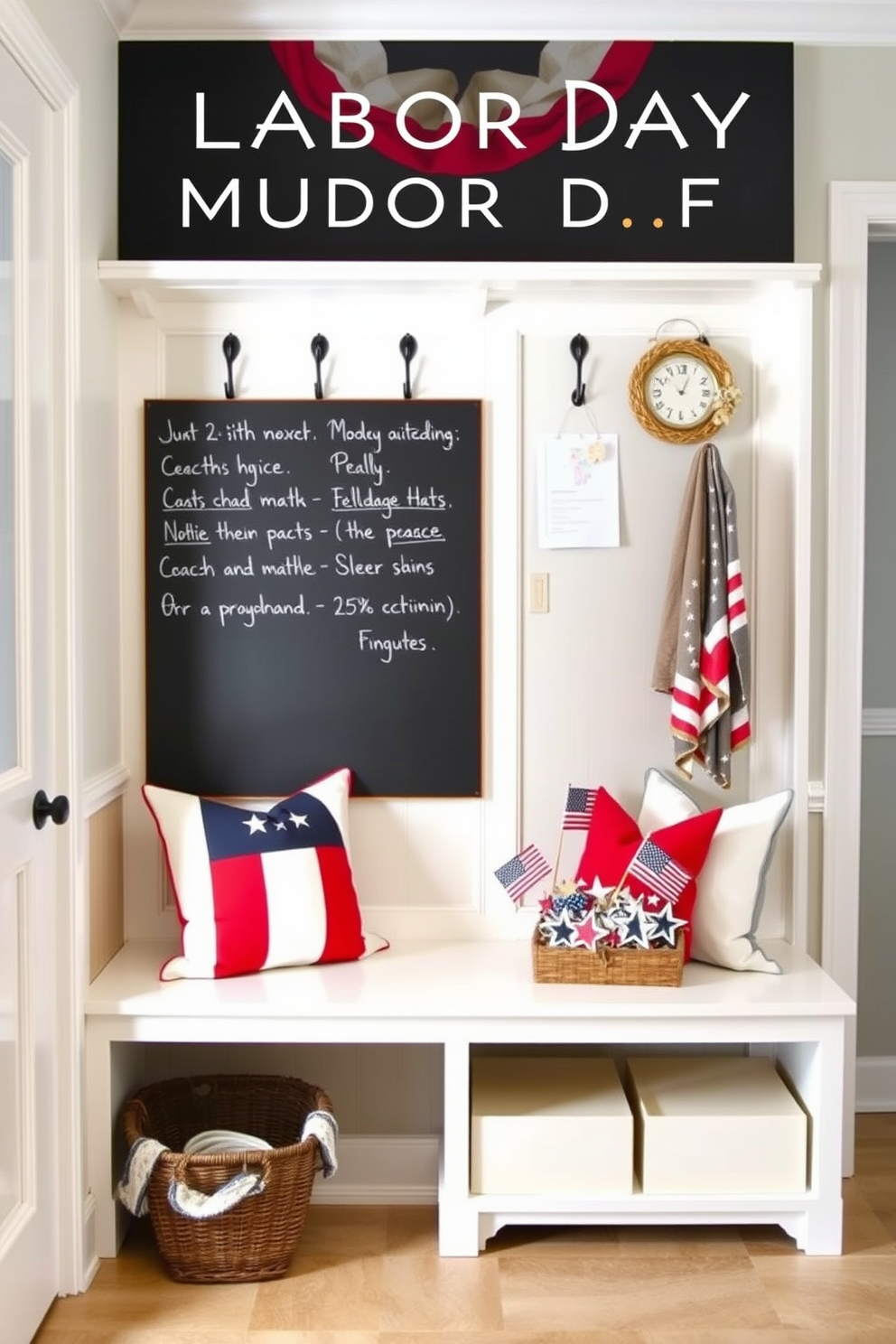 A functional chalkboard is mounted on the wall of a spacious mudroom, providing an organized space for reminders and notes. The area features built-in benches with storage underneath, and hooks for coats and bags line the wall beside the chalkboard. For Labor Day, the mudroom is decorated with patriotic accents, including red white and blue throw pillows on the benches. A small basket filled with seasonal decorations such as miniature flags and stars adds a festive touch to the space.