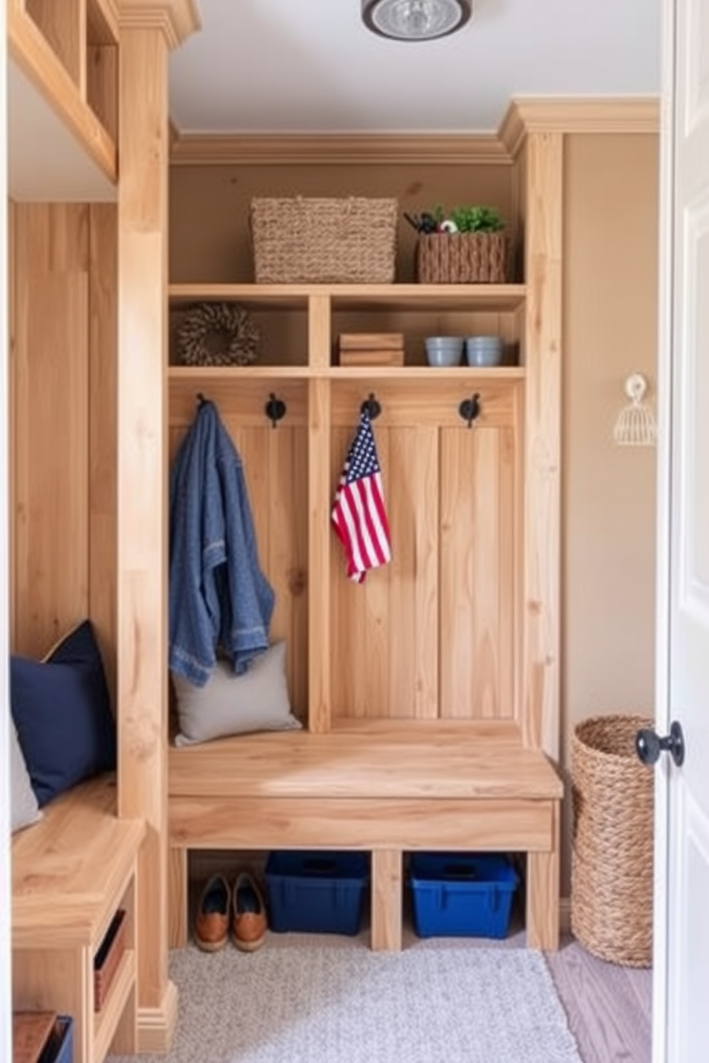 A cozy mudroom featuring natural wood accents to create a warm and inviting atmosphere. The space includes built-in wooden benches and shelves, adorned with seasonal decorations for Labor Day, such as small American flags and rustic wreaths.