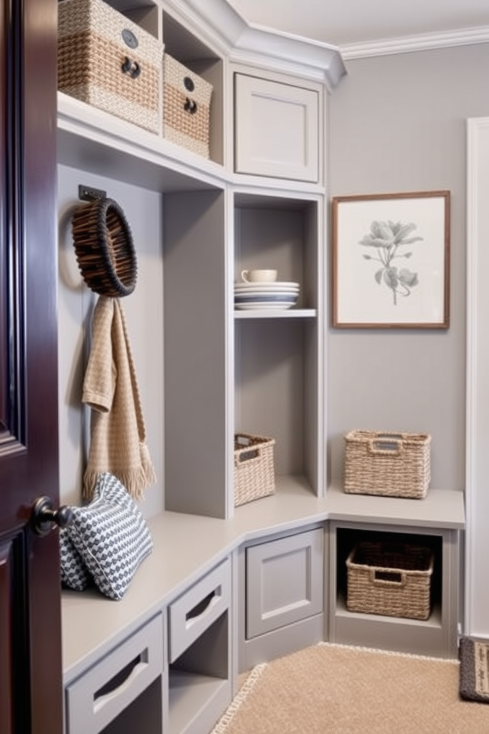 A stylish mudroom featuring built-in cubbies designed for seamless storage. The cubbies are painted in a soft gray hue and lined with decorative baskets for organization.