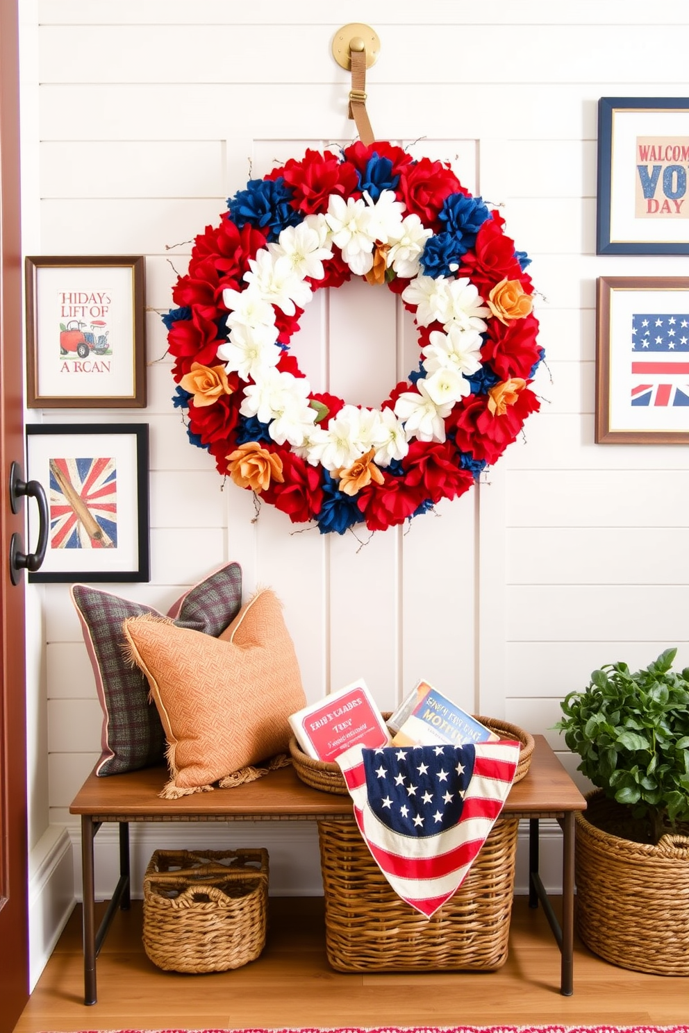 Seasonal decor for a fresh look. The mudroom features a welcoming bench with colorful throw pillows and a decorative basket filled with seasonal items. Labor Day mudroom decorating ideas. The walls are adorned with patriotic-themed art and a vibrant wreath made of red, white, and blue flowers hangs on the door.