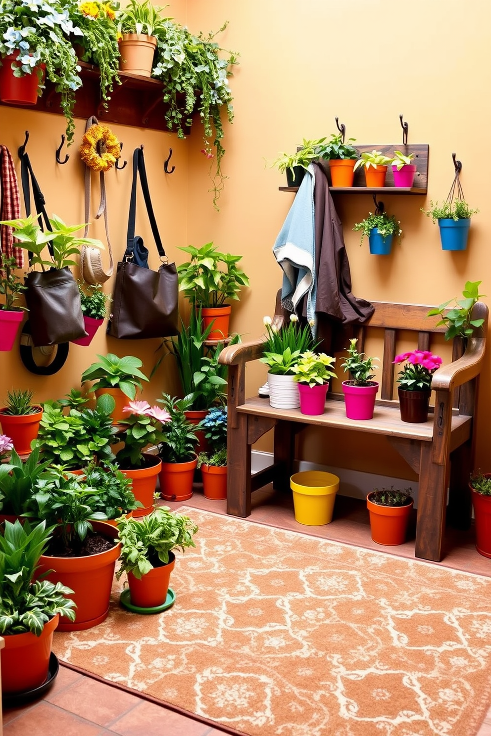 A cozy mudroom filled with natural light. There are potted plants in various sizes adorning the windowsill and floor, adding a fresh touch to the space. The walls are painted in a soft gray, complemented by a wooden bench with storage underneath. Hooks are installed above the bench for hanging jackets and bags, creating an organized and inviting area.