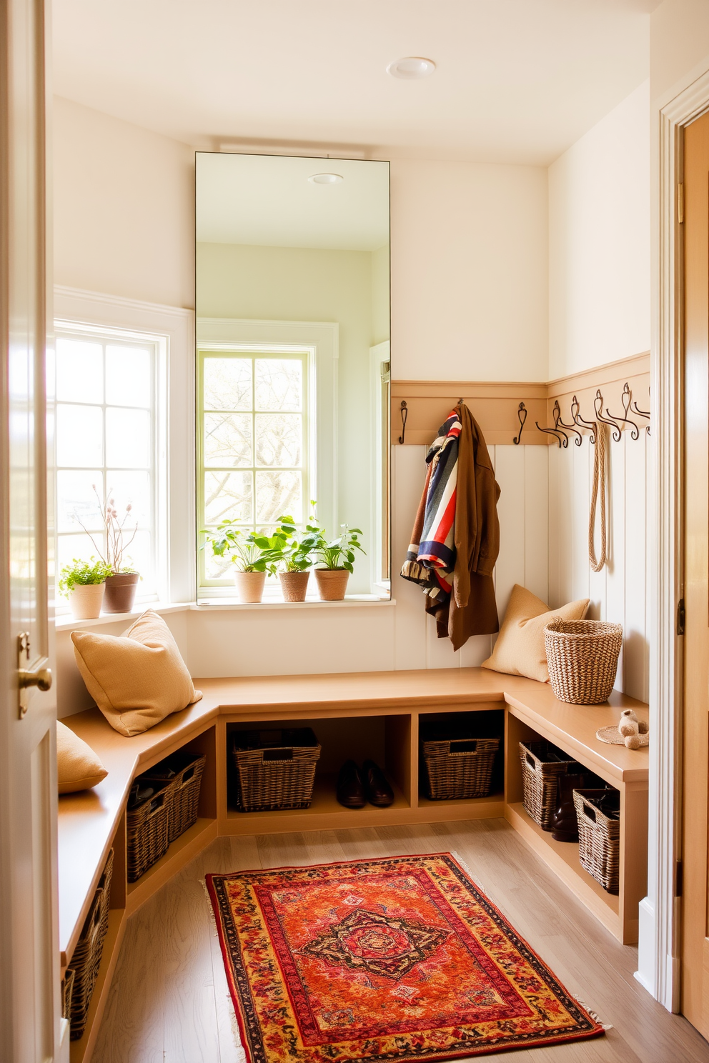 A cozy mudroom adorned with vintage decor. The walls are painted in a soft cream color, and a reclaimed wood bench sits against one side, topped with plush cushions. On the opposite wall, a collection of antique hooks holds colorful jackets and hats. A woven rug lies on the floor, adding warmth and texture to the space.