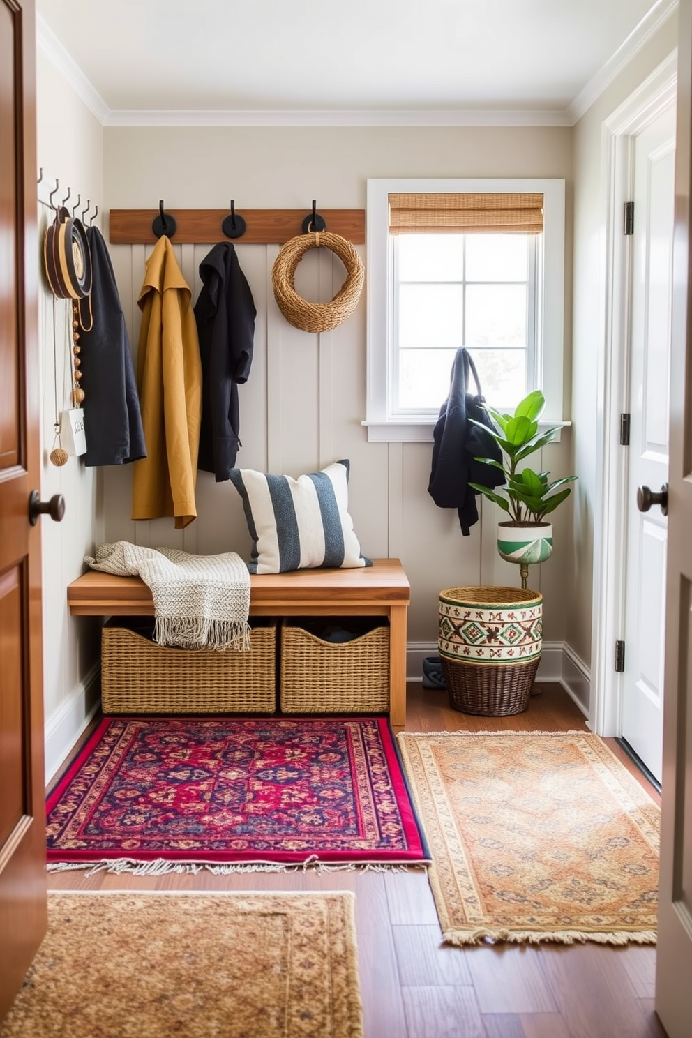 A cozy mudroom designed for functionality and style. The floor is covered with layered rugs in varying textures and patterns, providing warmth and comfort as you enter the home. The walls are painted in a soft, welcoming hue, adorned with hooks for coats and a bench for seating. Decorative elements include potted plants and a stylish storage basket to keep the space organized.