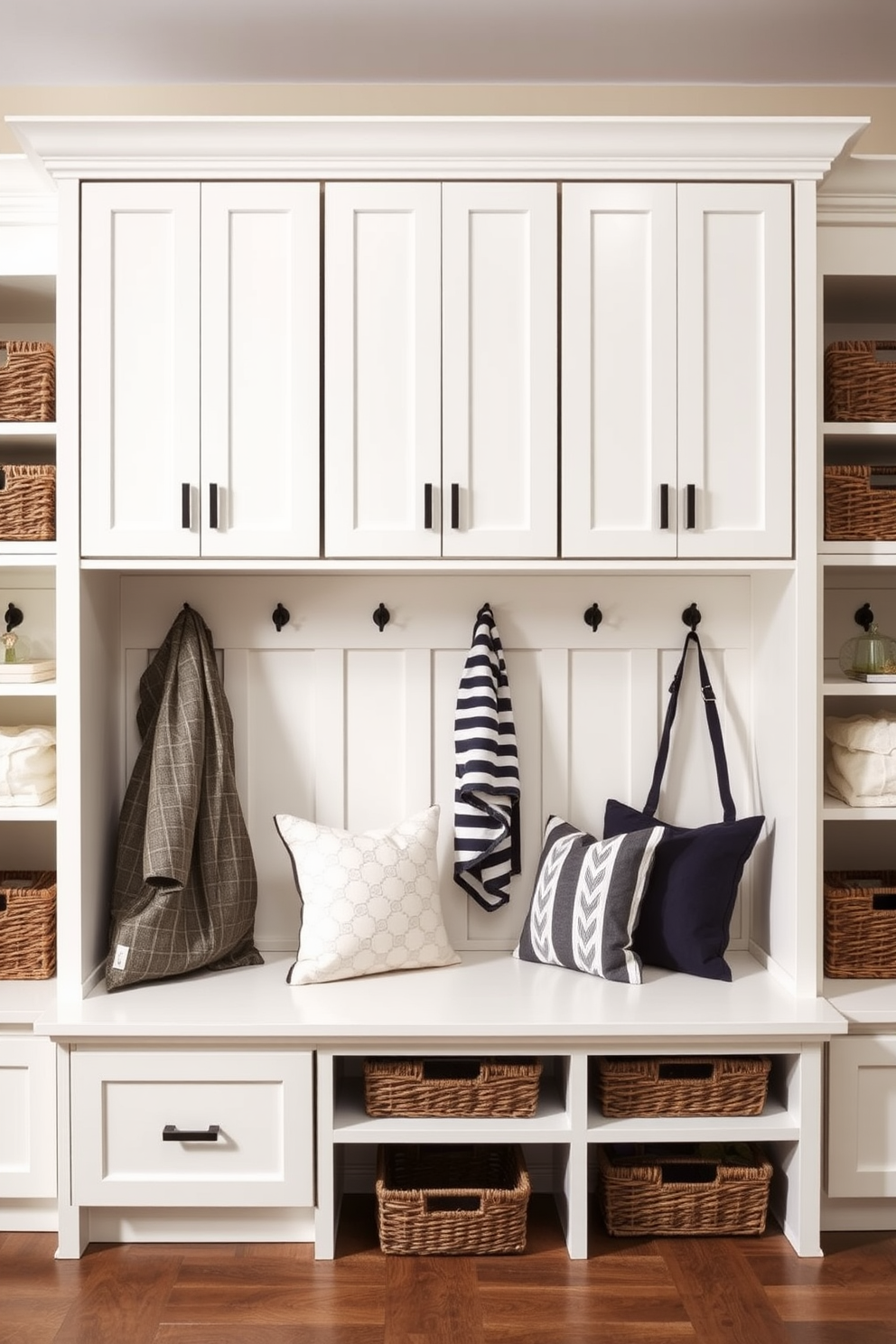 Custom cabinetry for a polished look. The space features sleek, built-in cabinets with a glossy finish, providing ample storage while maintaining an elegant aesthetic. Labor Day Mudroom Decorating Ideas. The mudroom includes a functional bench with plush cushions, surrounded by organized hooks and baskets for a stylish yet practical entryway.