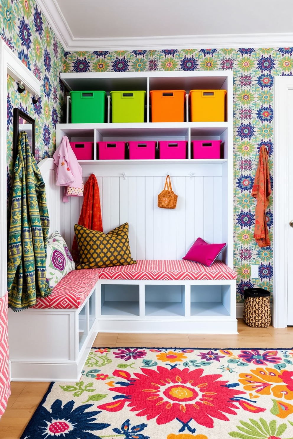 A vibrant mudroom filled with bold patterns in textiles. The walls are adorned with colorful wallpaper featuring geometric designs, while the bench is covered in a striking patterned fabric. Brightly colored storage bins line the shelves, adding a playful touch. A large area rug with a bold print anchors the space, creating a warm and inviting atmosphere.