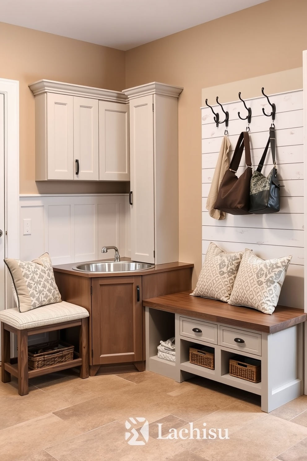 A welcoming mudroom designed for functionality and style. The space features a dedicated dog wash station with a stainless steel tub, surrounded by built-in cabinetry for storage and organization. The walls are painted in a warm beige tone, complemented by a decorative shiplap accent wall. A rustic bench with plush cushions sits against one side, while hooks above provide ample space for hanging coats and bags.