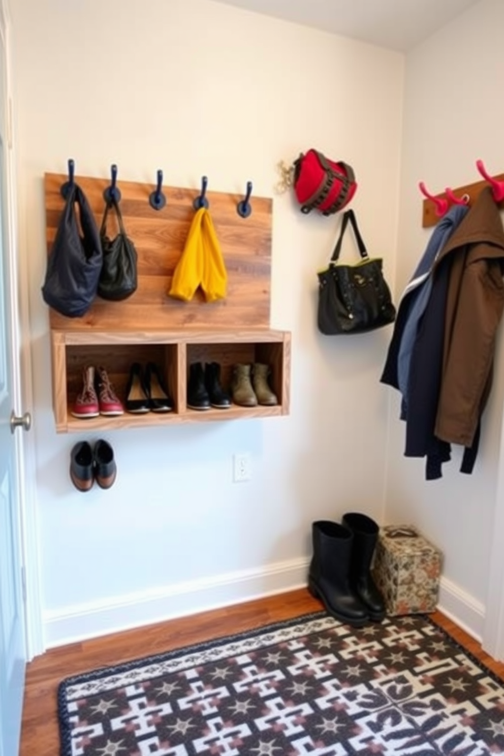 A stylish mudroom featuring wall-mounted storage for shoes. The storage is crafted from reclaimed wood and includes open shelving for easy access and organization. Brightly colored hooks are installed above the storage for hanging jackets and bags. The floor is adorned with a durable and easy-to-clean patterned rug that complements the overall decor.