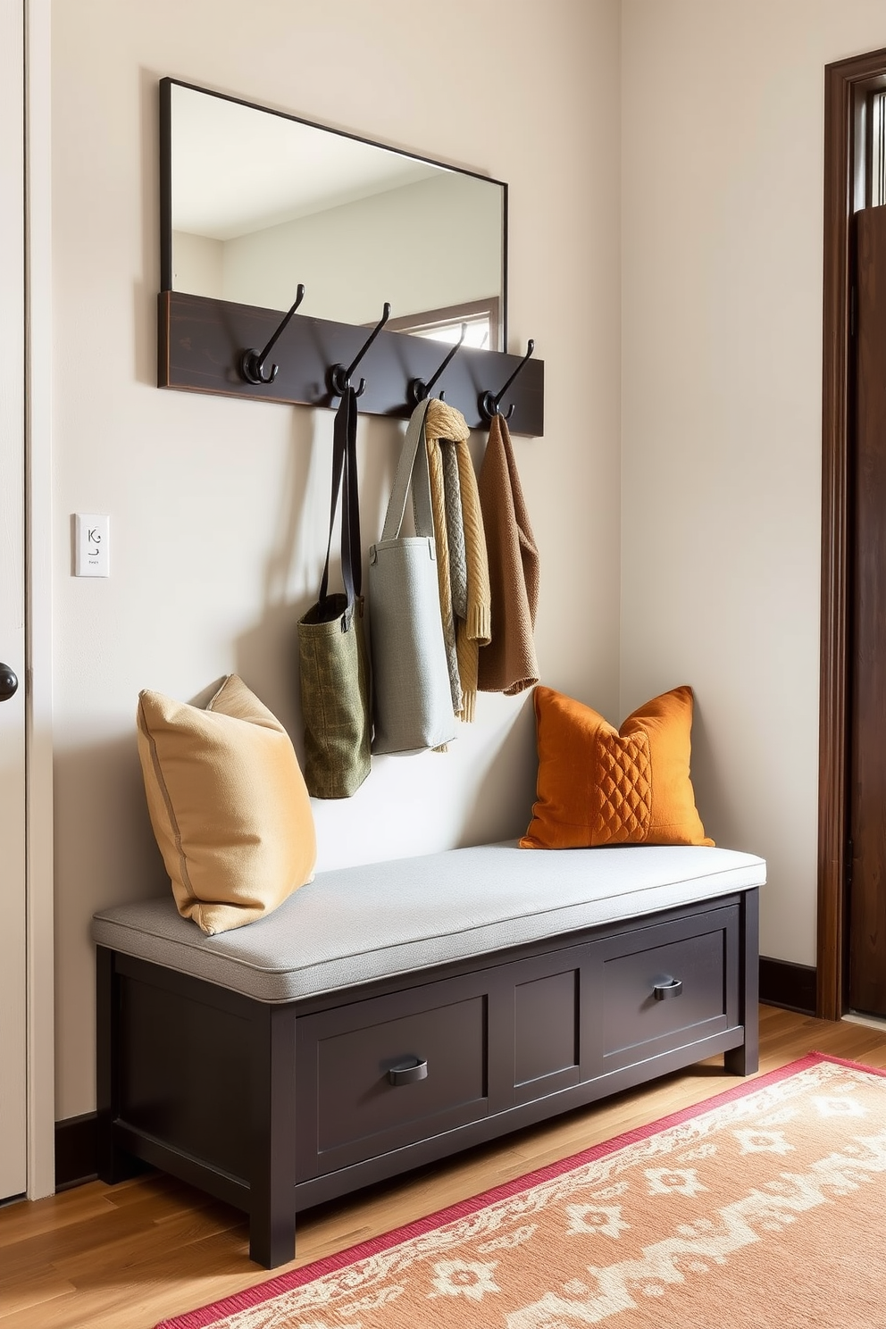 A sleek bench with hidden storage sits against the wall, providing a functional yet stylish solution for a mudroom. The bench is upholstered in a soft gray fabric, complemented by decorative pillows in warm autumn colors. Above the bench, a series of hooks are arranged for hanging coats and bags, while a large mirror reflects the natural light from a nearby window. The floor is adorned with a durable patterned rug that adds a touch of warmth and character to the space.