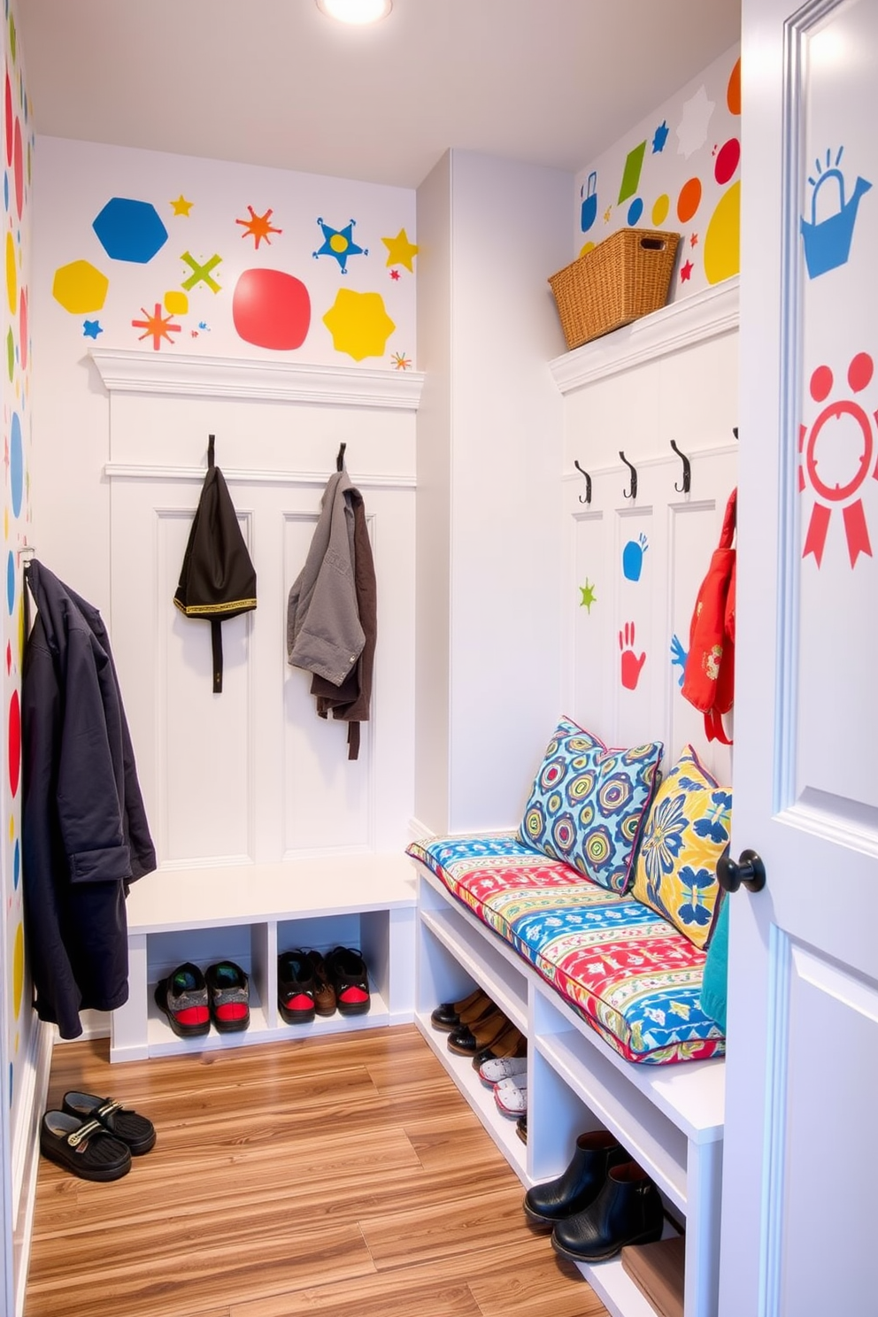 A vibrant mudroom filled with colorful wall decals that create a fun and playful atmosphere. The walls are adorned with various shapes and designs, featuring bright colors like yellow, blue, and red, making the space inviting and cheerful. Functional storage solutions are integrated into the design, including hooks for coats and cubbies for shoes. A cozy bench with colorful cushions provides a perfect spot to sit while putting on or taking off shoes, enhancing the overall usability of the mudroom.