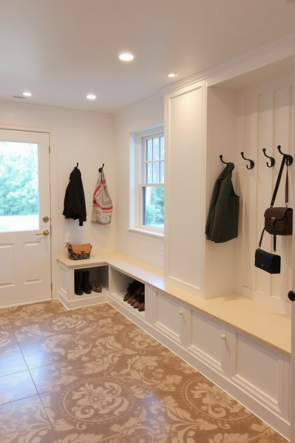 A bright and welcoming mudroom features integrated lighting that illuminates the space effectively. The walls are painted in a soft white hue, and the floor is covered with durable, patterned tiles that add visual interest. Built-in benches with storage underneath provide a practical yet stylish solution for organizing shoes and bags. Hooks line the walls for hanging coats and accessories, while a large window allows natural light to flood the room.