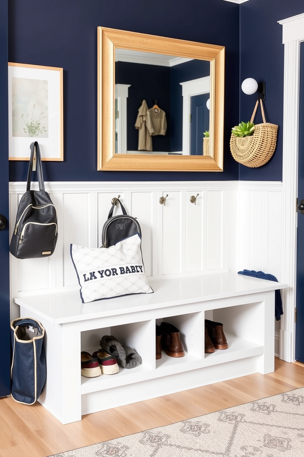 Textured wall panels create a stunning backdrop in the mudroom, adding depth and character to the space. The panels are painted in a soft gray hue, complemented by stylish hooks and a built-in bench for practicality. Labor Day decorations enhance the mudroom's welcoming atmosphere, featuring seasonal wreaths and vibrant throw pillows. A cozy area rug with autumnal colors ties the design together, making the space inviting for guests.