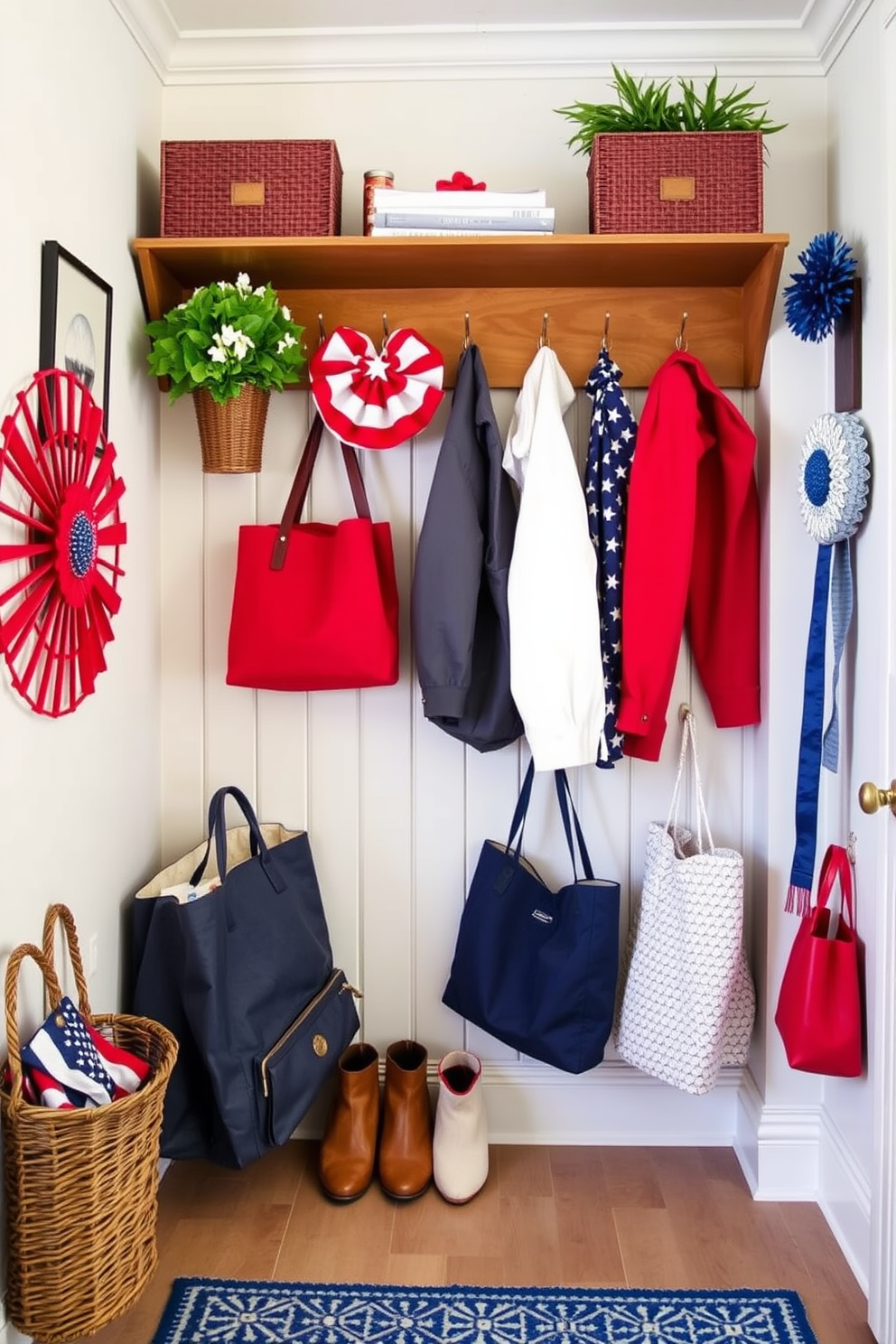 A cozy mudroom designed with pet-friendly features includes a built-in bench with storage for leashes and toys. Durable flooring made of tile or vinyl ensures easy cleanup of muddy paws, while a designated area with a pet bed provides a comfortable spot for furry friends. For Labor Day mudroom decorating ideas, incorporate seasonal accents like red, white, and blue throw pillows on the bench. Add a decorative wreath made of autumn leaves to the door for a warm welcome as guests arrive.