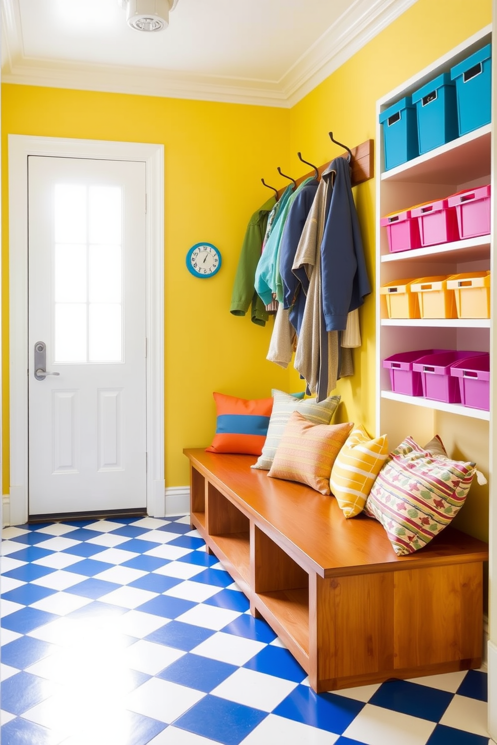 A vibrant mudroom filled with bright colors that energize the space. The walls are painted in a cheerful yellow, and the floor features a bold blue and white checkered pattern. A large wooden bench with colorful cushions provides seating, while hooks for coats are arranged above it in a playful manner. Brightly colored storage bins are neatly organized on shelves, adding both functionality and style.