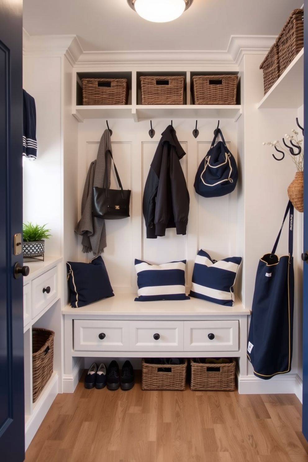 A spacious mudroom featuring multi-functional furniture that maximizes storage and utility. There is a built-in bench with hidden compartments for shoes and a wall-mounted coat rack for easy access to jackets and bags. The color palette consists of soft neutrals with pops of navy blue accents. Decorative baskets and hooks add a touch of style while keeping the space organized and inviting.