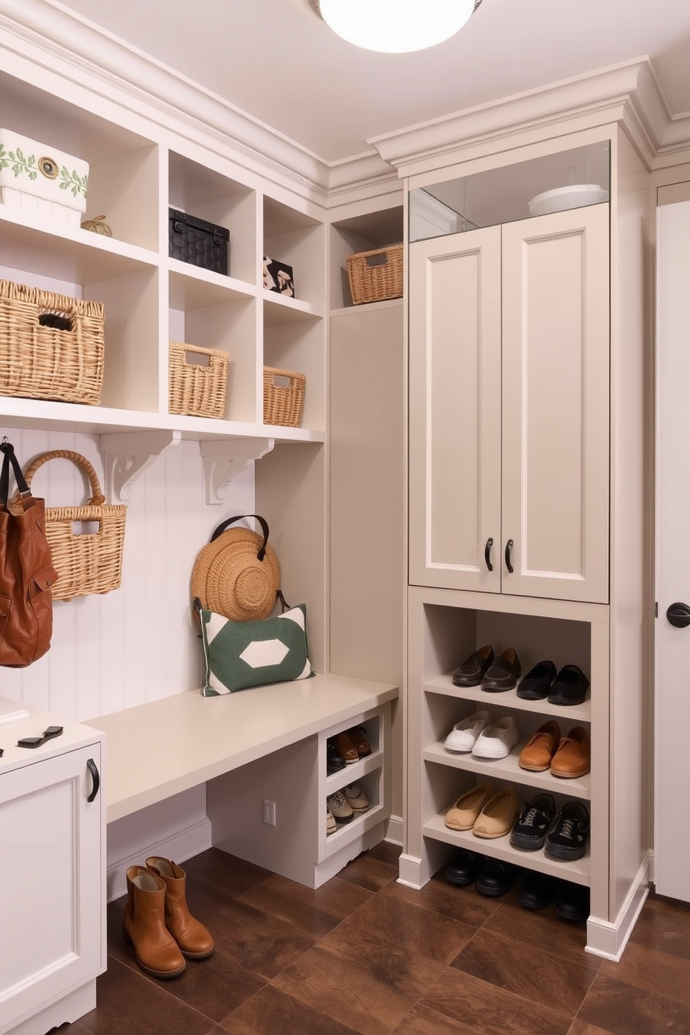 A stylish mudroom featuring a mix of open and closed shelving creates a functional yet inviting space. The open shelves display neatly arranged baskets and decorative items, while the closed cabinets provide hidden storage for shoes and outdoor gear.