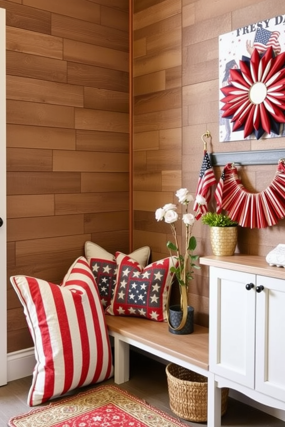 A cozy mudroom featuring multi-functional furniture for versatility. A built-in bench with storage compartments below provides seating and organization, while hooks above hold coats and bags. The walls are painted in a warm taupe color, creating an inviting atmosphere. A patterned rug adds texture, and potted plants bring a touch of nature indoors.