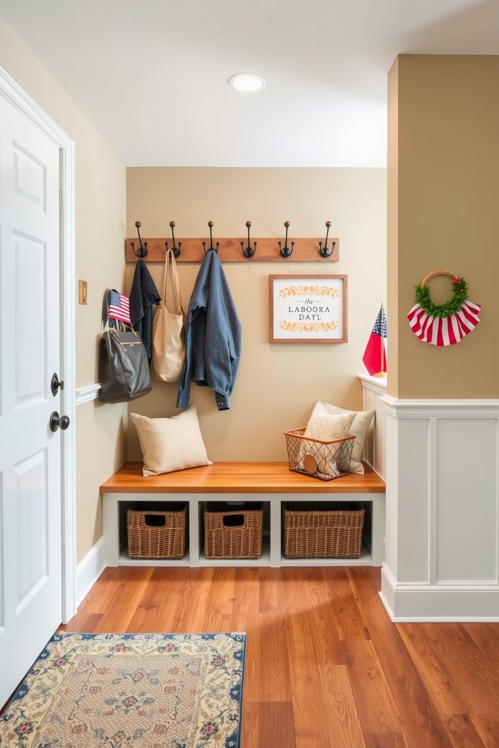 Create a cozy mudroom that features vintage hooks for jackets and bags. The walls are painted in a warm neutral tone, and the flooring is a rustic wood that adds charm to the space. Include a bench with plush cushions for comfort and storage baskets underneath for organization. Decorate the area with seasonal accents that reflect the spirit of Labor Day, such as small flags or themed artwork.