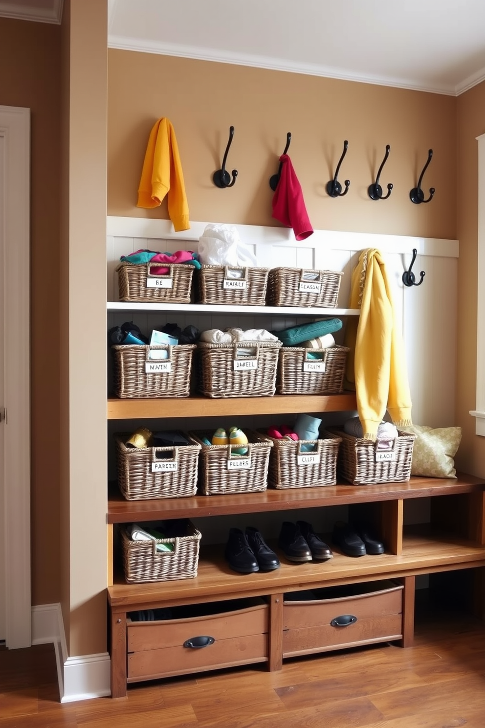 A stylish mudroom features several woven baskets arranged neatly on a wooden shelf. Each basket is labeled and filled with seasonal items, creating an organized and inviting space. The walls are painted in a warm neutral tone, and a rustic bench provides a comfortable spot to sit and remove shoes. Decorative hooks line the wall, showcasing colorful jackets and accessories for a cheerful touch.