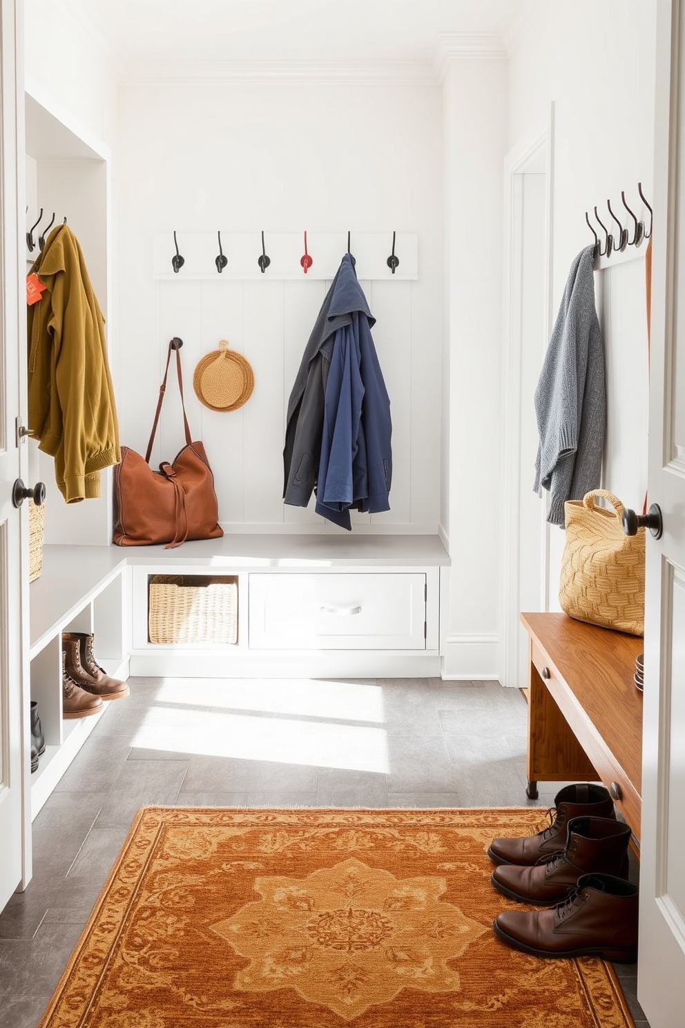 A functional mudroom designed to handle muddy shoes. The flooring is made of durable, water-resistant tiles in a warm gray tone, complemented by a built-in bench with storage underneath. The walls are painted in a crisp white to enhance brightness, while colorful hooks are mounted for hanging jackets and bags. A large area rug in earthy tones adds warmth and comfort, making the space inviting and practical.