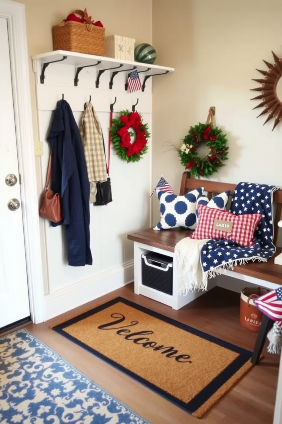 A personalized welcome mat greets guests at the entrance, showcasing a charming design that reflects the homeowner's personality. The surrounding mudroom features organized hooks for coats and a stylish bench with storage underneath, creating a warm and inviting atmosphere. For Labor Day, the mudroom is adorned with festive decorations, including red, white, and blue accents that celebrate the holiday. Seasonal touches such as small American flags and a cozy throw blanket add a sense of patriotism and comfort to the space.