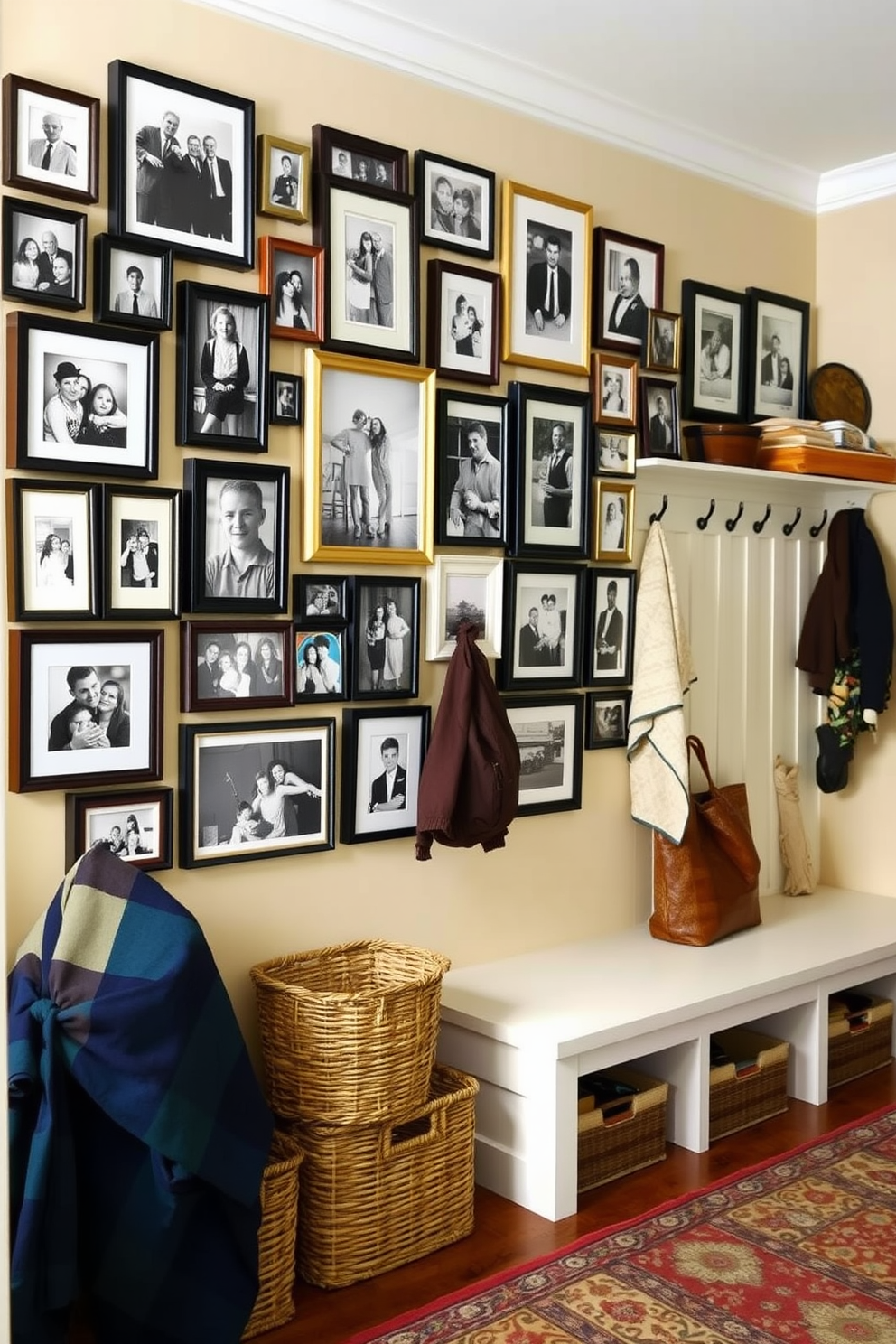 A gallery wall filled with family photos showcasing a mix of framed black and white and color images. The arrangement is eclectic yet harmonious, with varying frame styles and sizes creating a dynamic visual interest. A functional mudroom featuring built-in storage benches and hooks for coats and bags. The decor includes a warm color palette, patterned rugs, and decorative baskets for organization, creating an inviting and practical space.