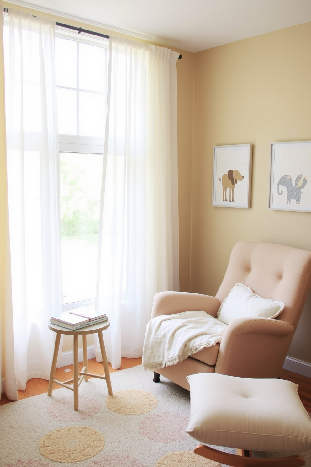 Cozy reading nook with soft cushions. A plush armchair is positioned next to a large window, draped with sheer curtains that let in natural light. A small side table holds a stack of books and a steaming cup of tea. The walls are painted in a warm beige, and a soft area rug in pastel colors adds comfort underfoot. Labor Day Nursery Decorating Ideas. The nursery features a calming color palette of soft blues and yellows, with whimsical animal-themed wall art. A crib with a cozy bedding set is centered against one wall, while a comfortable rocking chair sits in the corner, perfect for late-night feedings.