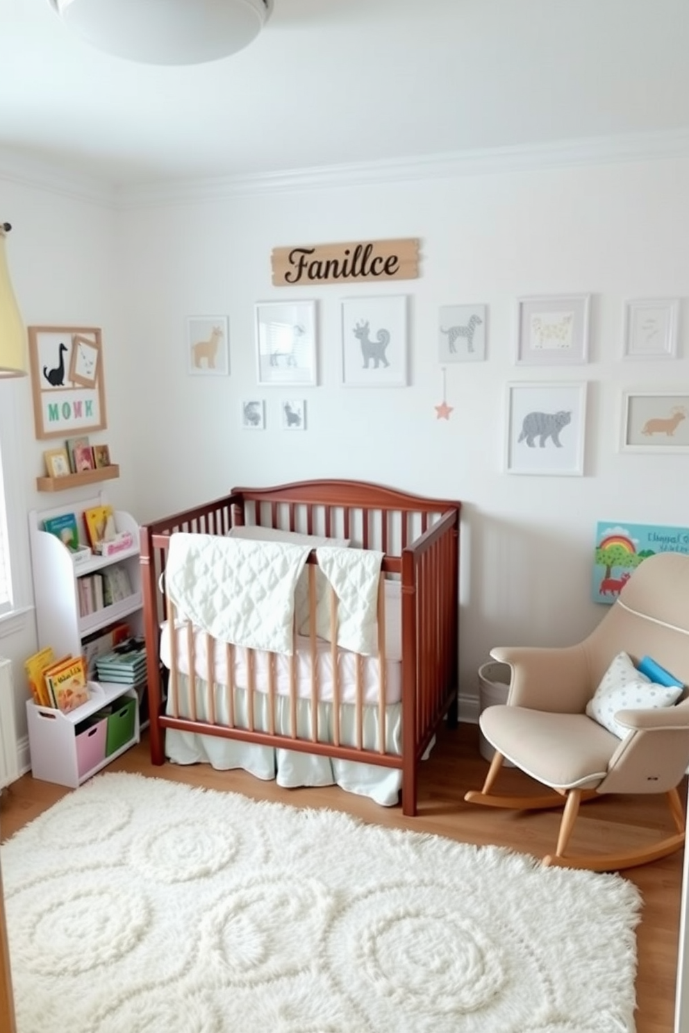 A charming nursery with a personalized name sign above the crib. The crib is adorned with soft pastel bedding and surrounded by whimsical wall art featuring animals and nature themes. On one side of the room, a cozy rocking chair is placed next to a small bookshelf filled with colorful children's books. The walls are painted in a light, soothing color, and a plush area rug adds warmth to the space.