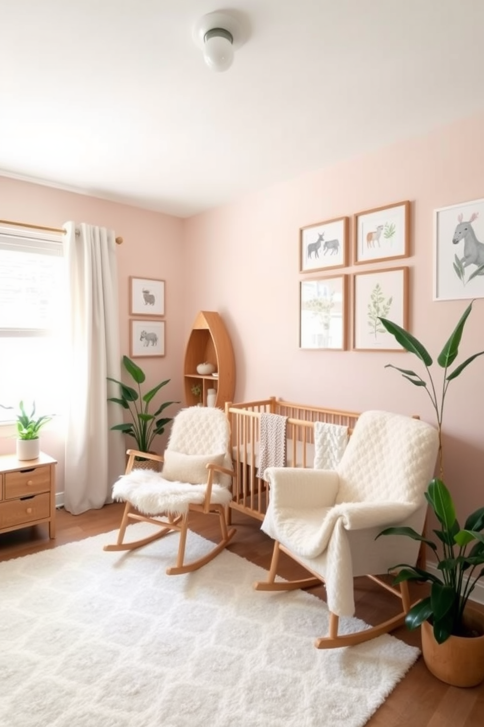 A tranquil nursery adorned with nature-themed artwork. Soft pastel colors dominate the walls, complemented by whimsical animal prints and botanical illustrations that create a calming atmosphere. Cozy accents include a plush rocking chair and a soft area rug. Natural wood furniture adds warmth, while potted plants bring a touch of greenery to the space.