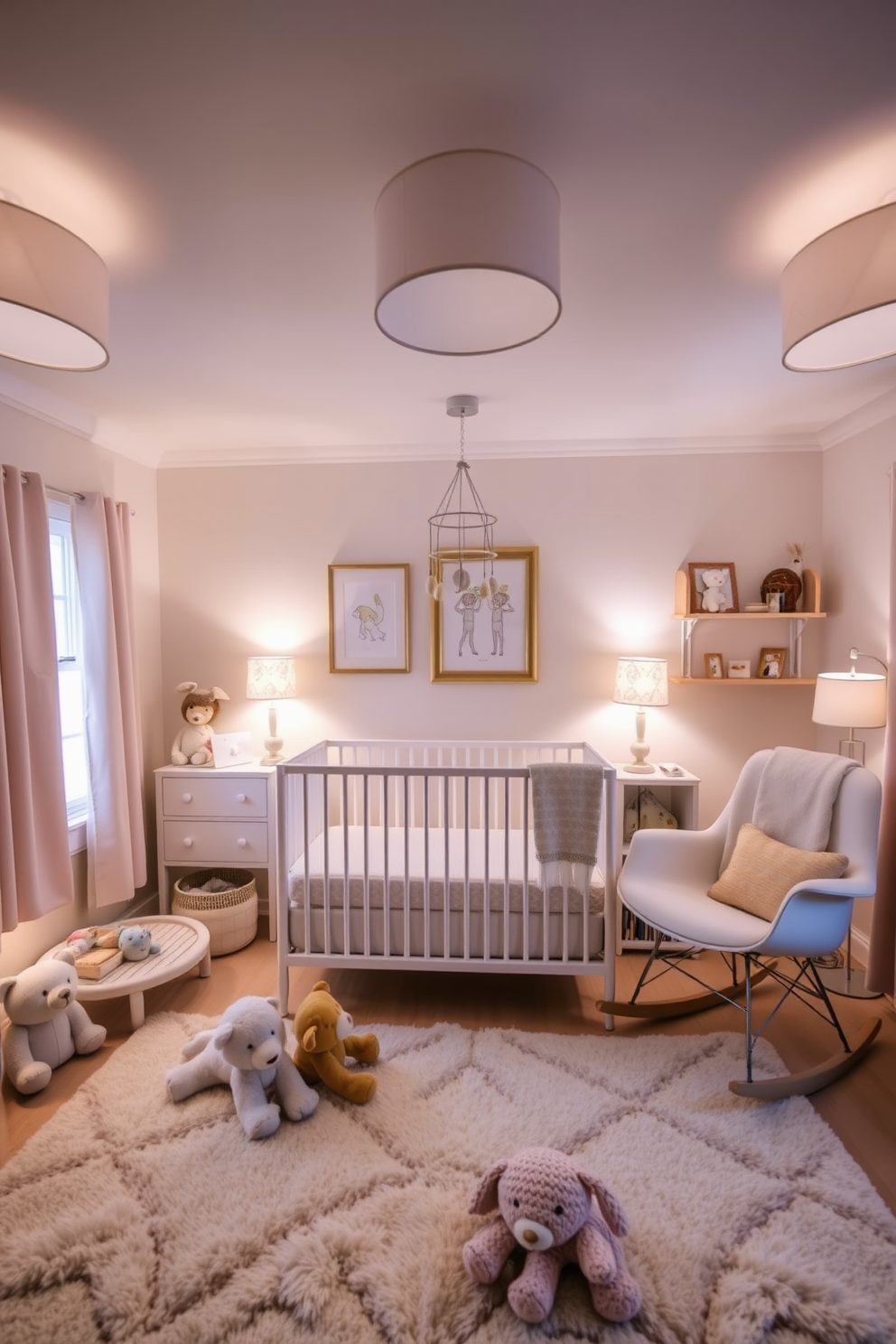 A cozy nursery filled with soft lighting from decorative lampshades that create a warm and inviting atmosphere. The walls are painted in a gentle pastel color, and plush toys are neatly arranged on a comfortable rug. A stylish crib with a soft mattress sits in the center, surrounded by whimsical wall art and a charming mobile overhead. A cozy rocking chair in the corner offers a perfect spot for reading bedtime stories.