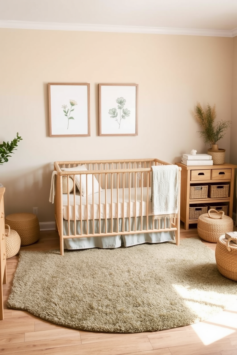 A serene nursery space designed with gender neutral decor featuring earthy tones. Soft beige walls create a calming backdrop, while natural wood furniture adds warmth and texture. A cozy crib with organic cotton bedding sits in the center, surrounded by a plush area rug in muted greens and browns. Wall art with nature-inspired themes and woven baskets for storage complete the inviting atmosphere.