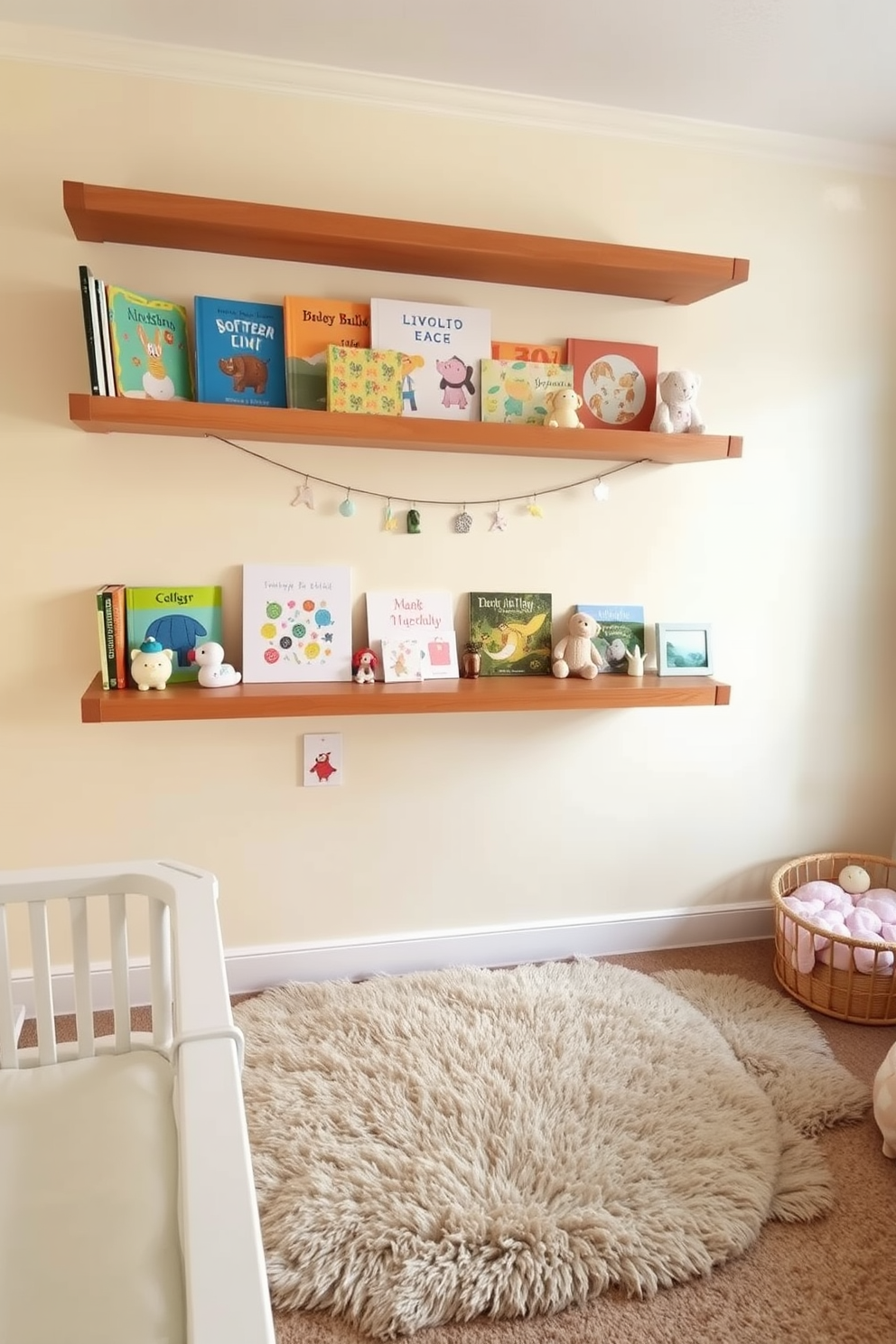 A cozy nursery featuring floating shelves adorned with colorful books and charming decor items. The walls are painted in soft pastel hues, creating a warm and inviting atmosphere. The shelves are made of natural wood, adding a touch of warmth to the space. A plush area rug in the center provides a comfortable play area for the little one.