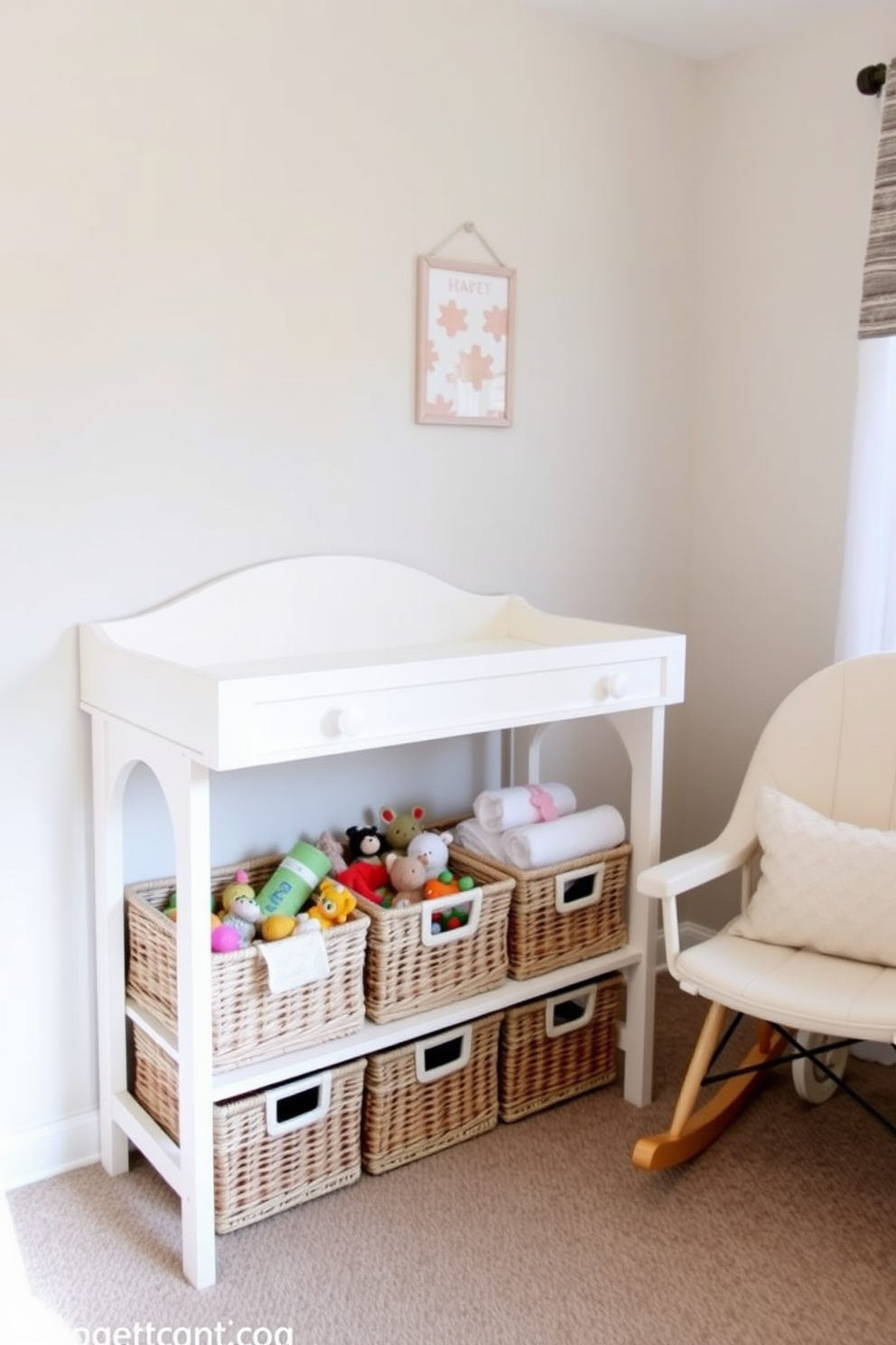 A charming changing table is positioned against the wall, featuring a soft pastel color scheme. Baskets are neatly arranged underneath, filled with baby essentials and toys, creating a cozy and organized nursery atmosphere. The walls are adorned with playful nursery-themed artwork, adding a touch of whimsy to the space. A comfortable rocking chair sits nearby, inviting moments of bonding and relaxation.