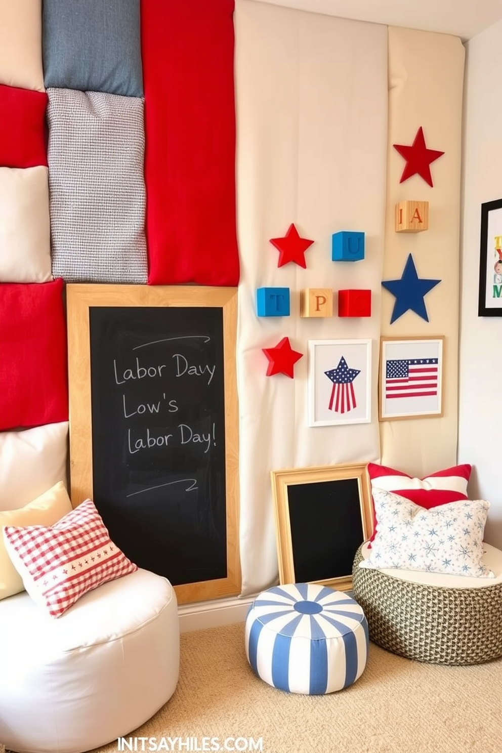 An interactive wall designed for a nursery features various textures and colors that engage and stimulate children's senses. Soft fabric panels in pastel shades are arranged alongside colorful wooden blocks and a chalkboard section for creative play. Labor Day nursery decorating ideas include cheerful motifs like red, white, and blue stars and stripes. Cozy seating areas with plush cushions and themed artwork celebrate the spirit of the holiday while providing a fun and inviting atmosphere.