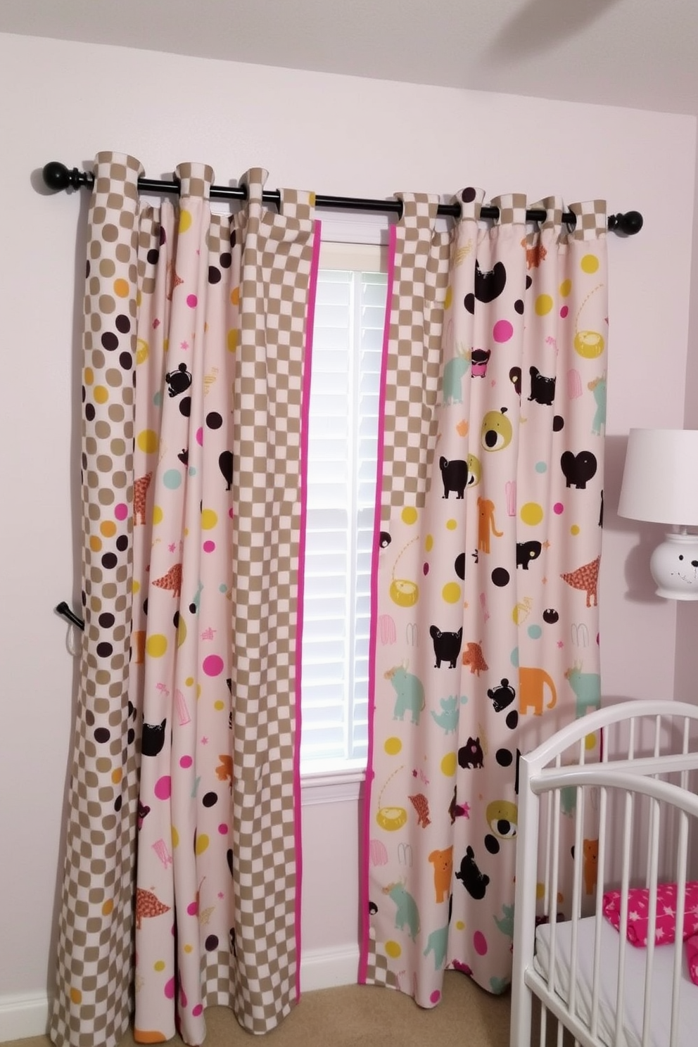 A whimsical nursery setting featuring playful curtains adorned with fun patterns such as polka dots and animal motifs. The room is filled with soft pastel colors, creating a cheerful and inviting atmosphere for a baby's first space.