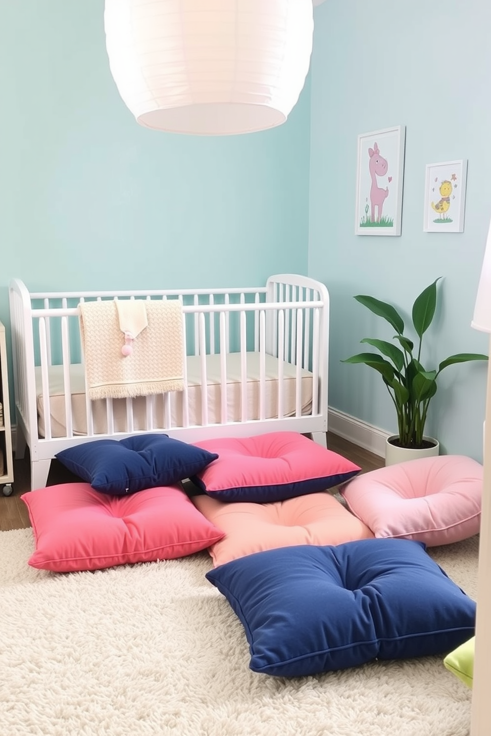 Comfortable floor cushions in a vibrant nursery setting designed for playtime. The cushions are arranged in a cozy corner with soft pastel colors, surrounded by playful wall art and a plush area rug.