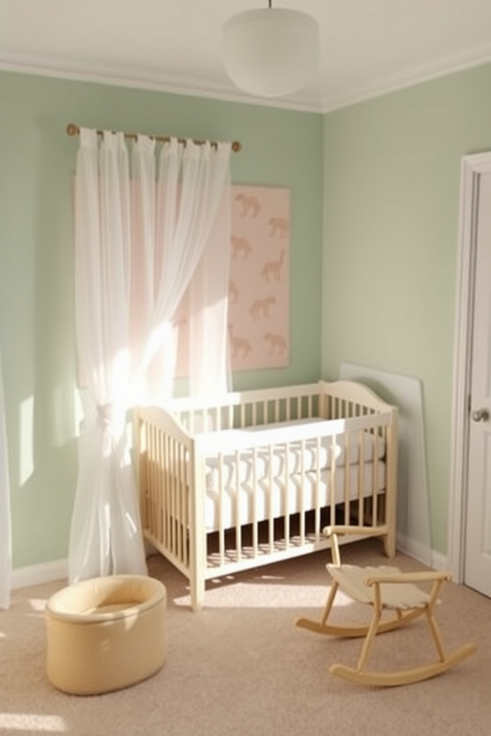 A serene nursery space inspired by nature. Soft pastel colors dominate the walls, while lush greenery accents are incorporated through potted plants and wall-mounted planters. Cozy bedding in earthy tones complements a wooden crib. The room features whimsical animal prints and nature-themed artwork, creating a calming atmosphere for the baby.