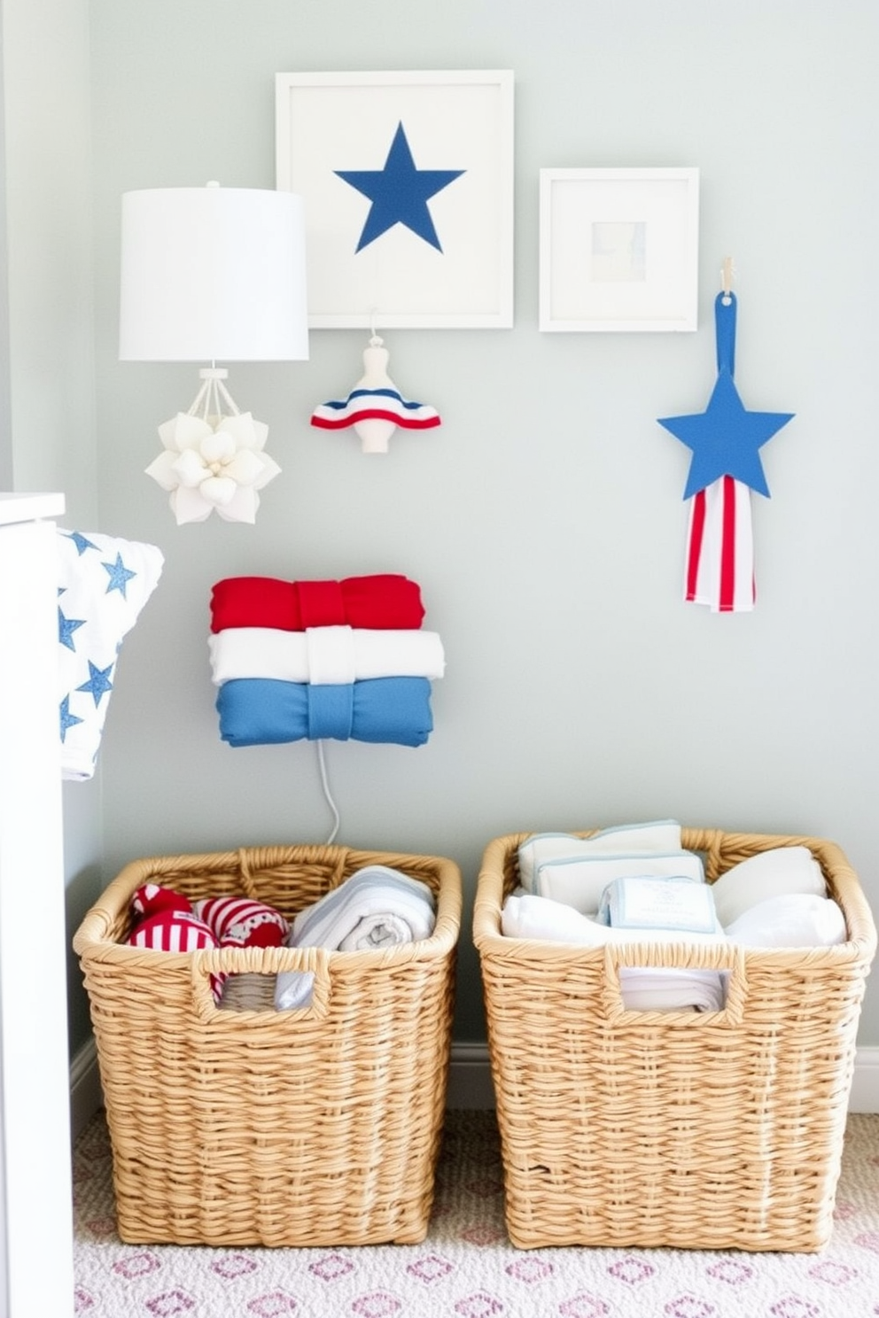 A stylish changing table with ample storage is the centerpiece of the nursery. The table features a soft, cushioned top and is surrounded by pastel-colored decor that creates a warm and inviting atmosphere. Incorporate Labor Day-themed accents such as red, white, and blue textiles and wall art. The walls are adorned with playful patterns, and a cozy rocking chair is positioned nearby for comfort.